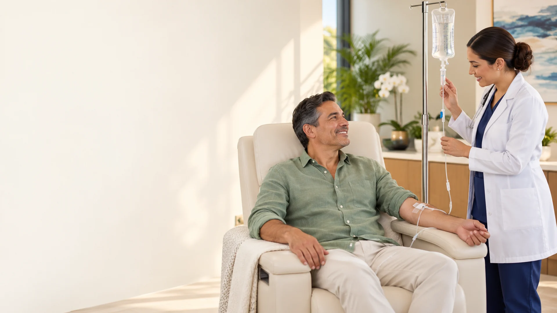 Adult patient receiving an IV infusion while a doctor checks the drip; illustrative image